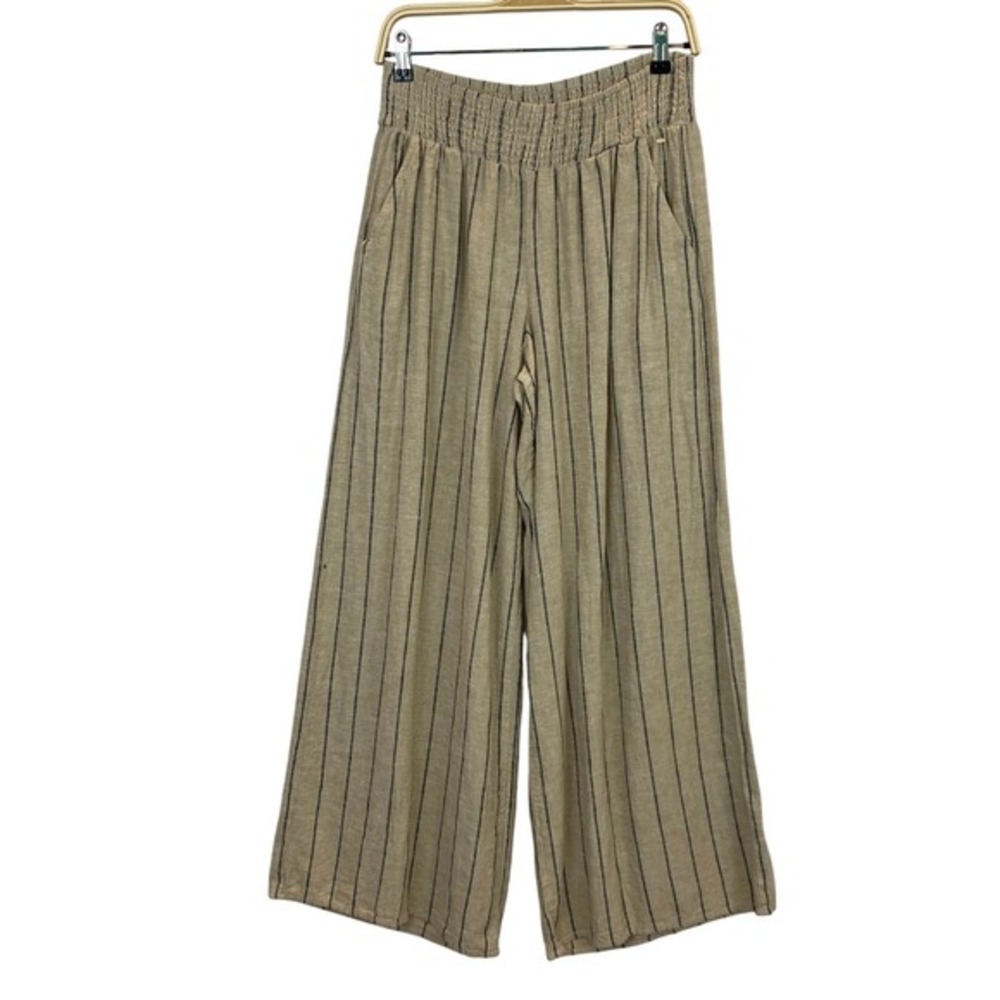 Maurices Womens Boho Striped Wide Leg‎ Linen Blend Pants Size M Beige Black
